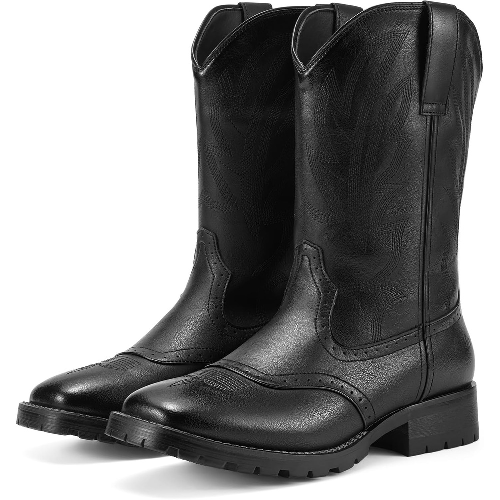 image:imageRollda Cowboy Boots for Men Western Boots Mens Square Toe Chunky Heel MidCalf Boots Classic Embroidered Pull On BootsBlack 1
