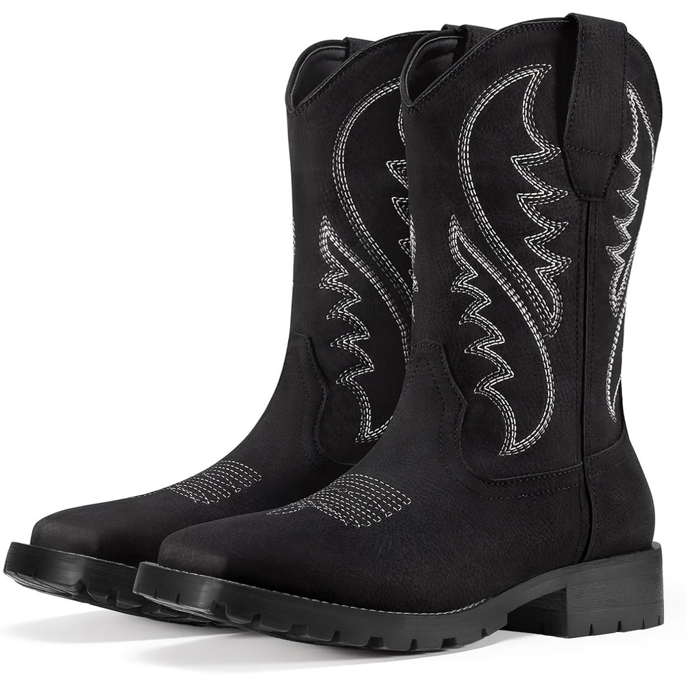 image:imageRollda Cowboy Boots for Men Western Boots Mens Square Toe Chunky Heel MidCalf Boots Classic Embroidered Pull On BootsBlack