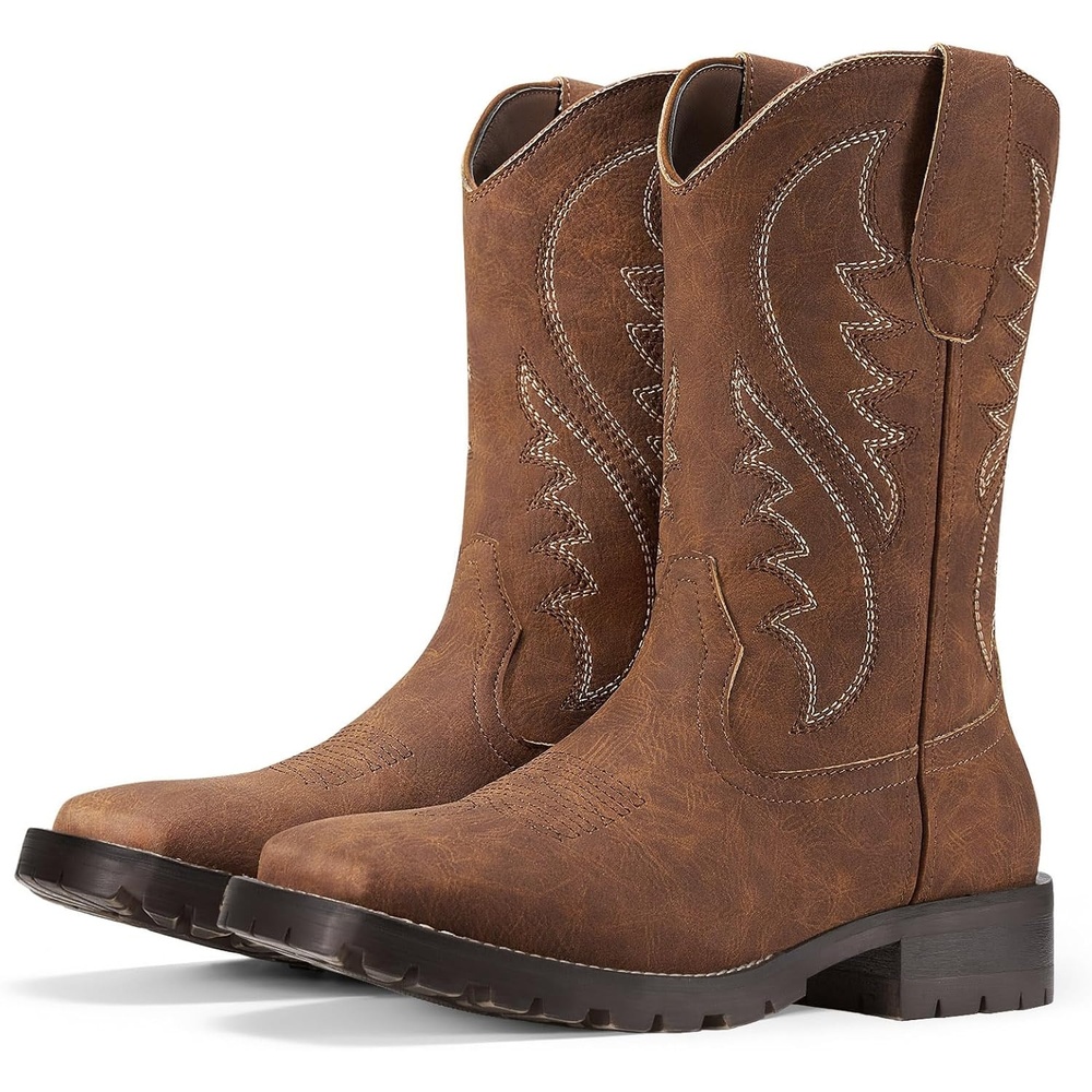 image:imageRollda Cowboy Boots for Men Western Boots Mens Square Toe Chunky Heel MidCalf Boots Classic Embroidered Pull On BootsBrown