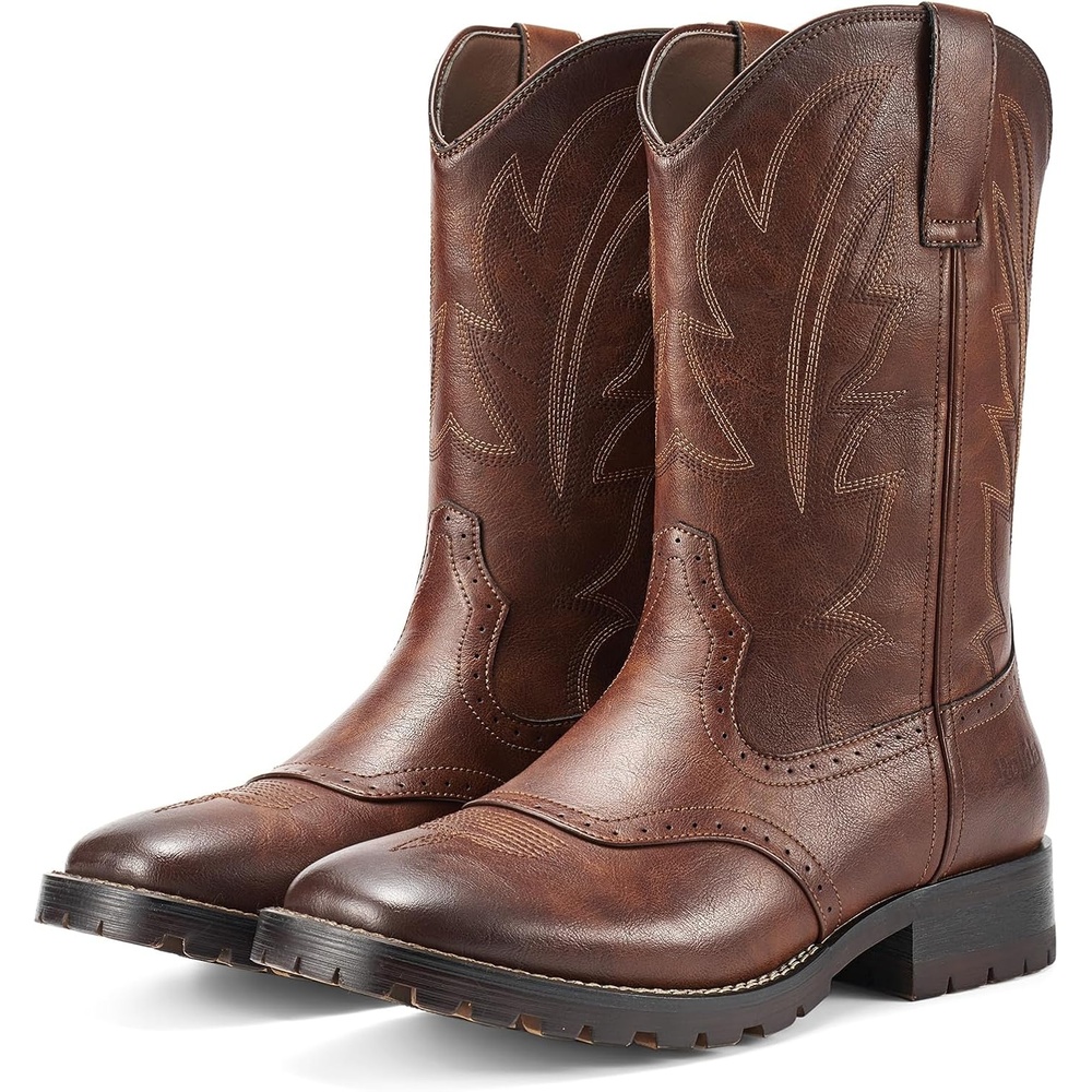 image:imageRollda Cowboy Boots for Men Western Boots Mens Square Toe Chunky Heel MidCalf Boots Classic Embroidered Pull On BootsDark Brown