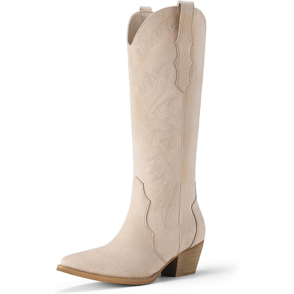 image:imageRollda Cowboy Boots for Women Cowgirl Boots Embroidered KneeHigh Western Boots Pointy Toe with Chunky HeelBeige