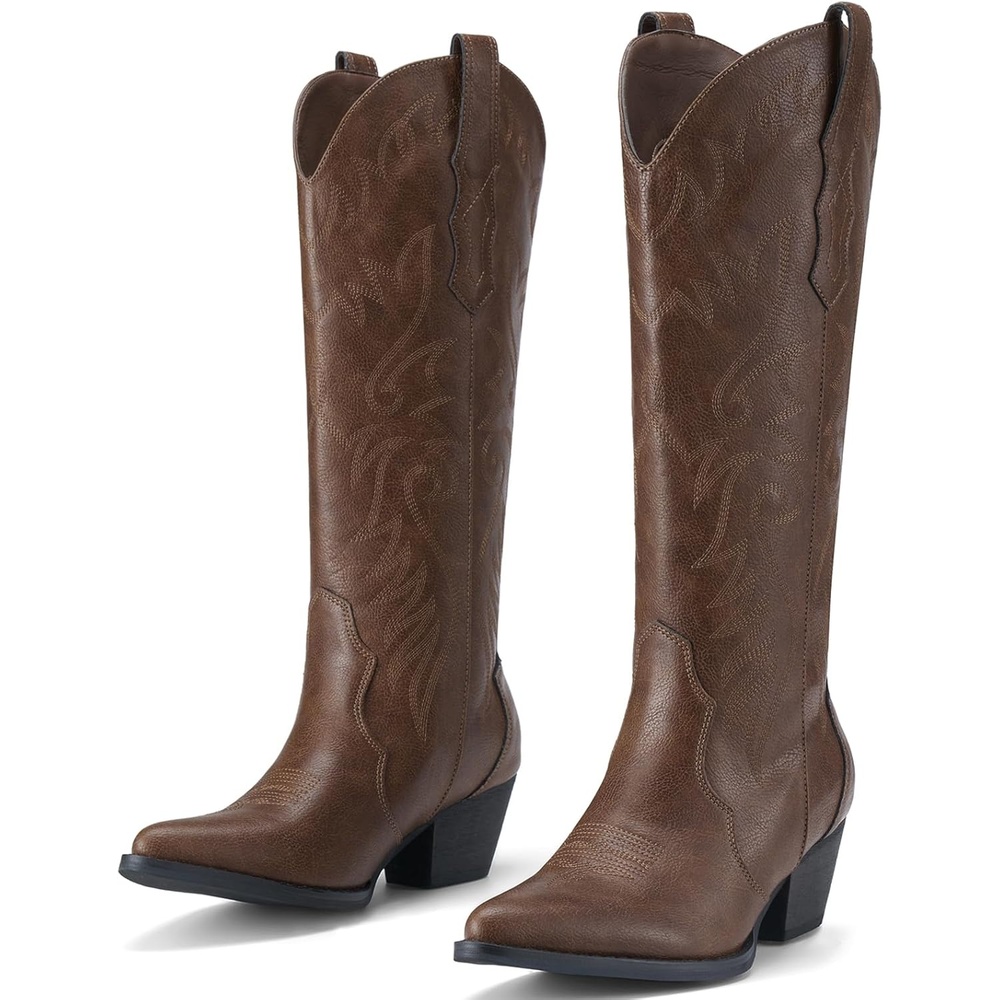 image:imageRollda Cowboy Boots for Women Cowgirl Boots Embroidered KneeHigh Western Boots Pointy Toe with Chunky HeelBronze