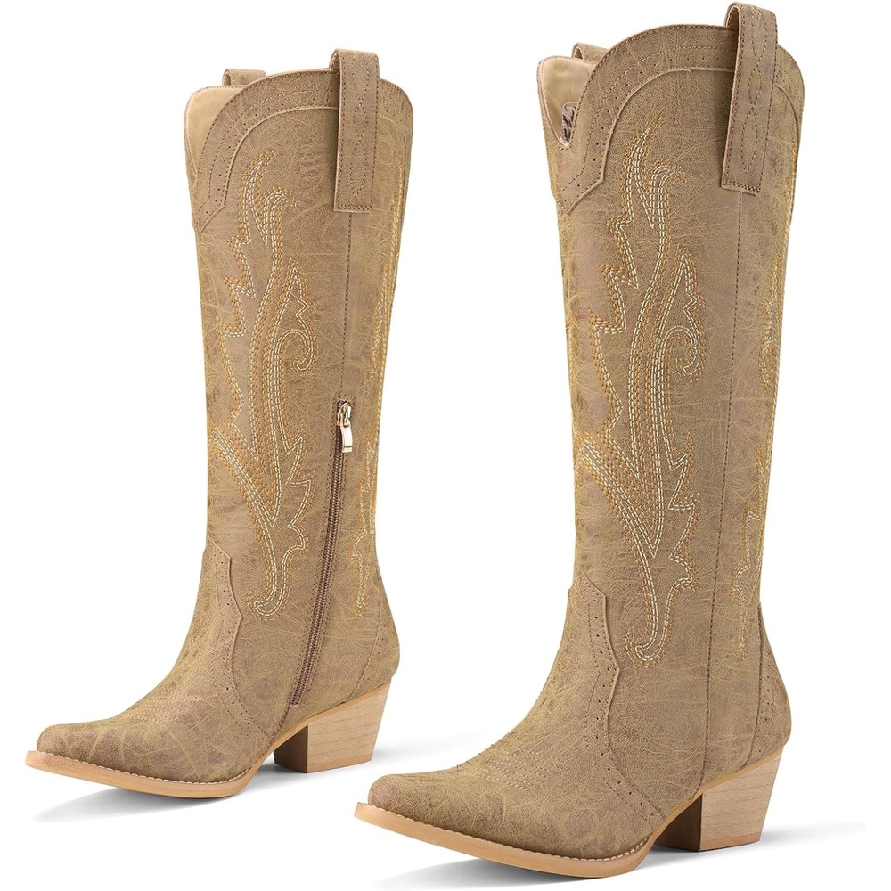 image:imageRollda Cowboy Boots for Women Cowgirl Boots Embroidered KneeHigh Western Boots Pointy Toe with Chunky HeelBrown