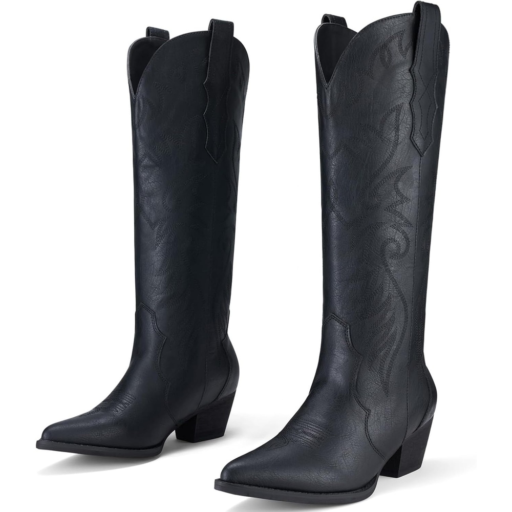 image:imageRollda Cowboy Boots for Women Cowgirl Boots Embroidered KneeHigh Western Boots Pointy Toe with Chunky HeelMatte Black