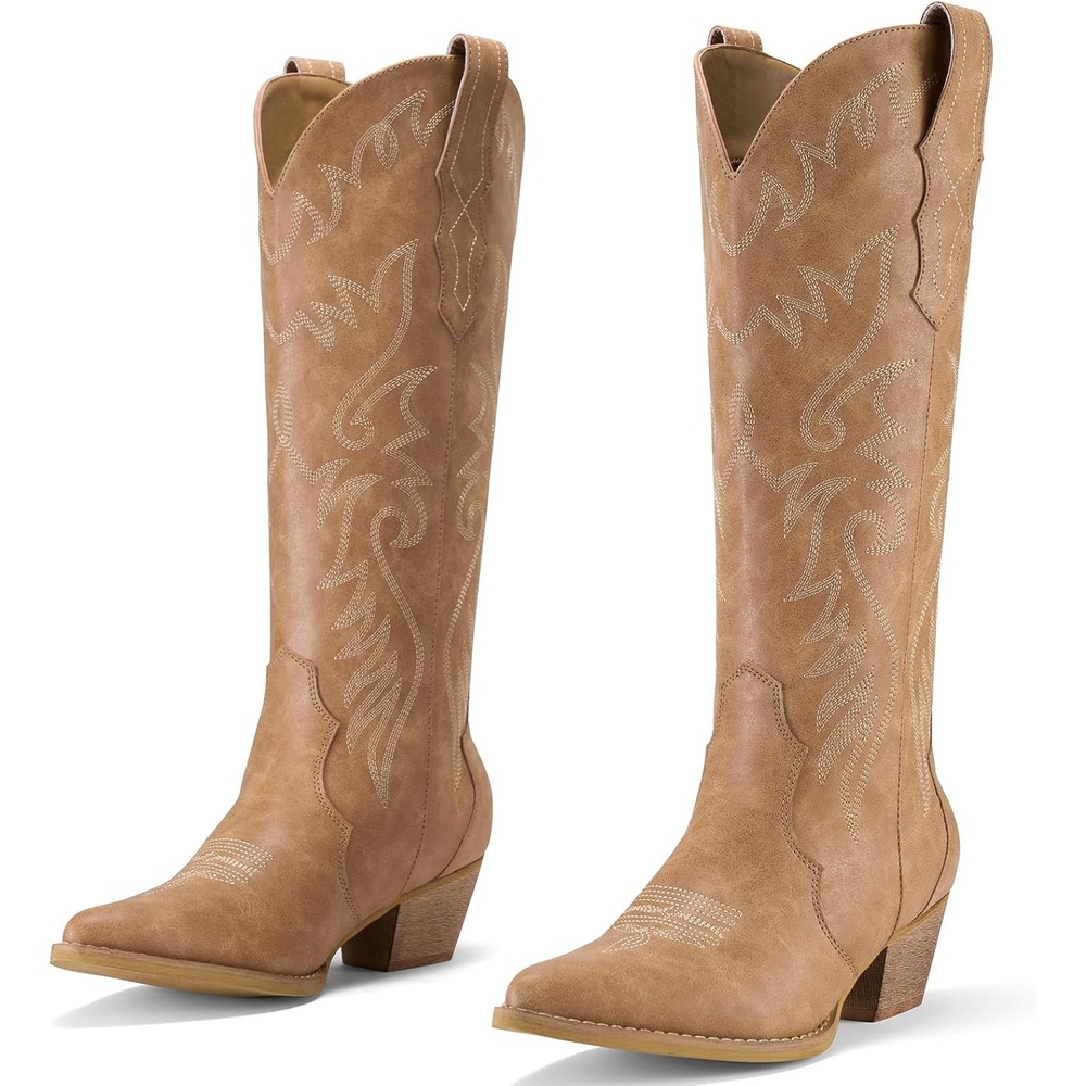 image:imageRollda Cowboy Boots for Women Cowgirl Boots Embroidered KneeHigh Western Boots Pointy Toe with Chunky HeelTan