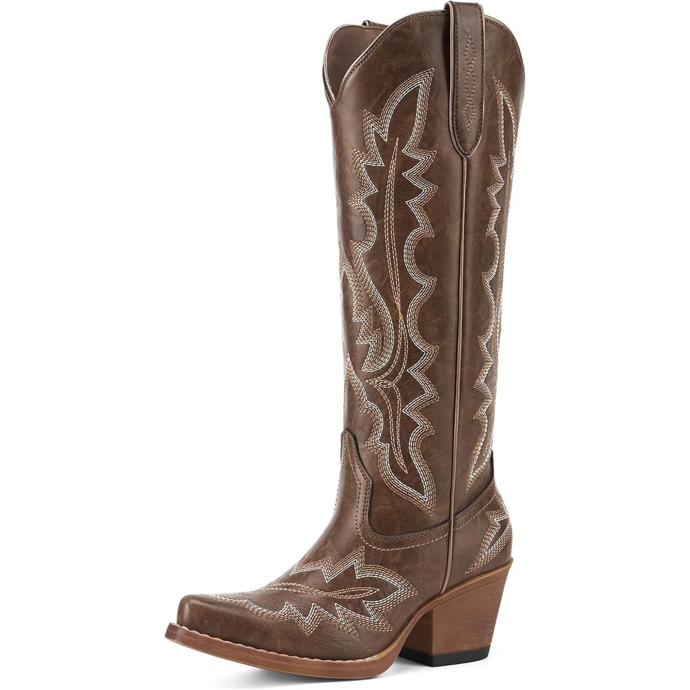 image:imageRollda Cowboy Boots for Women Knee High Cowgirl Boots Womens Classic Western Boots Snip Toe Tall Cowboy Boots Chunky Heel for Ladies Pull OnBrown 1