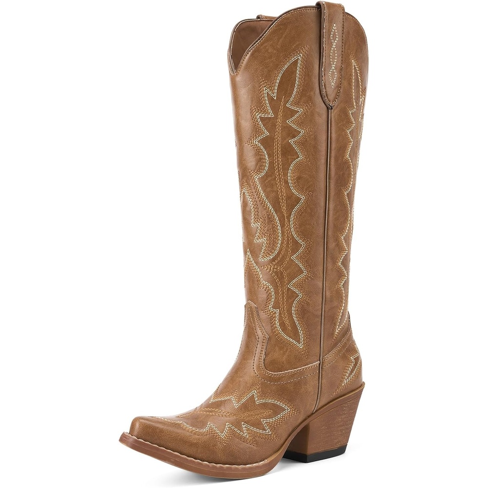 image:imageRollda Cowboy Boots for Women Knee High Cowgirl Boots Womens Classic Western Boots Snip Toe Tall Cowboy Boots Chunky Heel for Ladies Pull OnBrown 2
