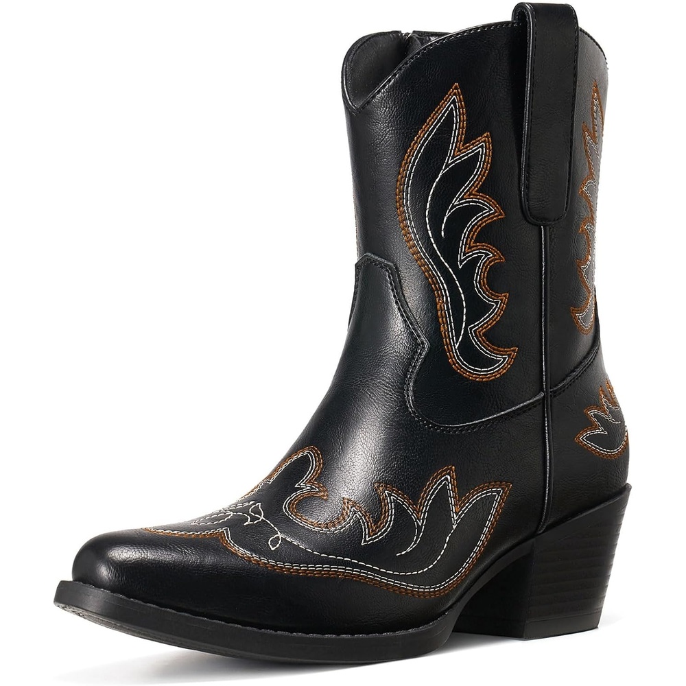 image:imageRollda Cowboy Boots for Women Short Cowgirl Booties with Side Zipper Ladies Ankle Western Boots Retro Vintage Snip Toe Chunky HeelBlack