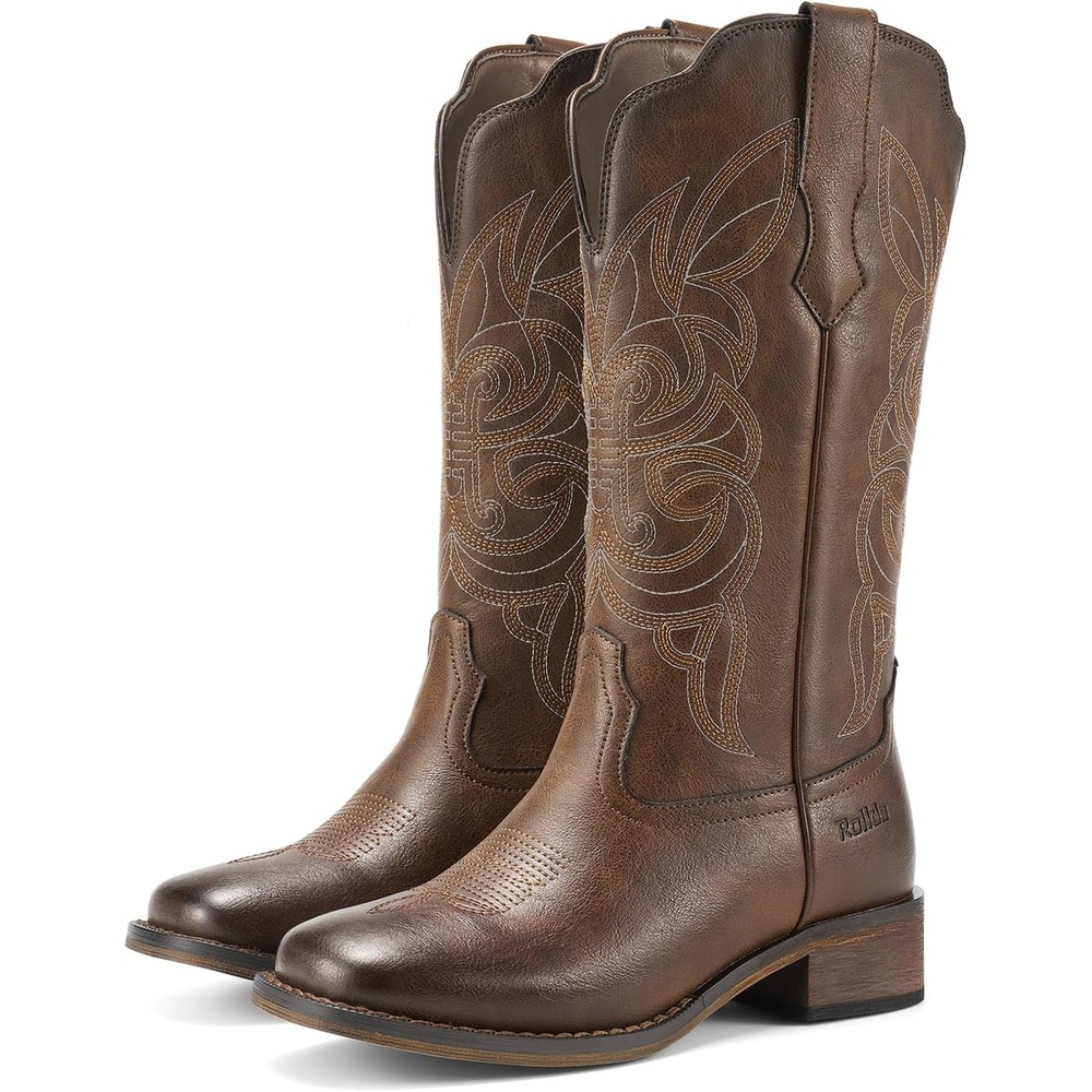 image:imageRollda Cowgirl Boots Cowboy Boots for Women Square Toe Mid Calf Western Boots Ladies Fashion Boots with Chunky HeelBronze