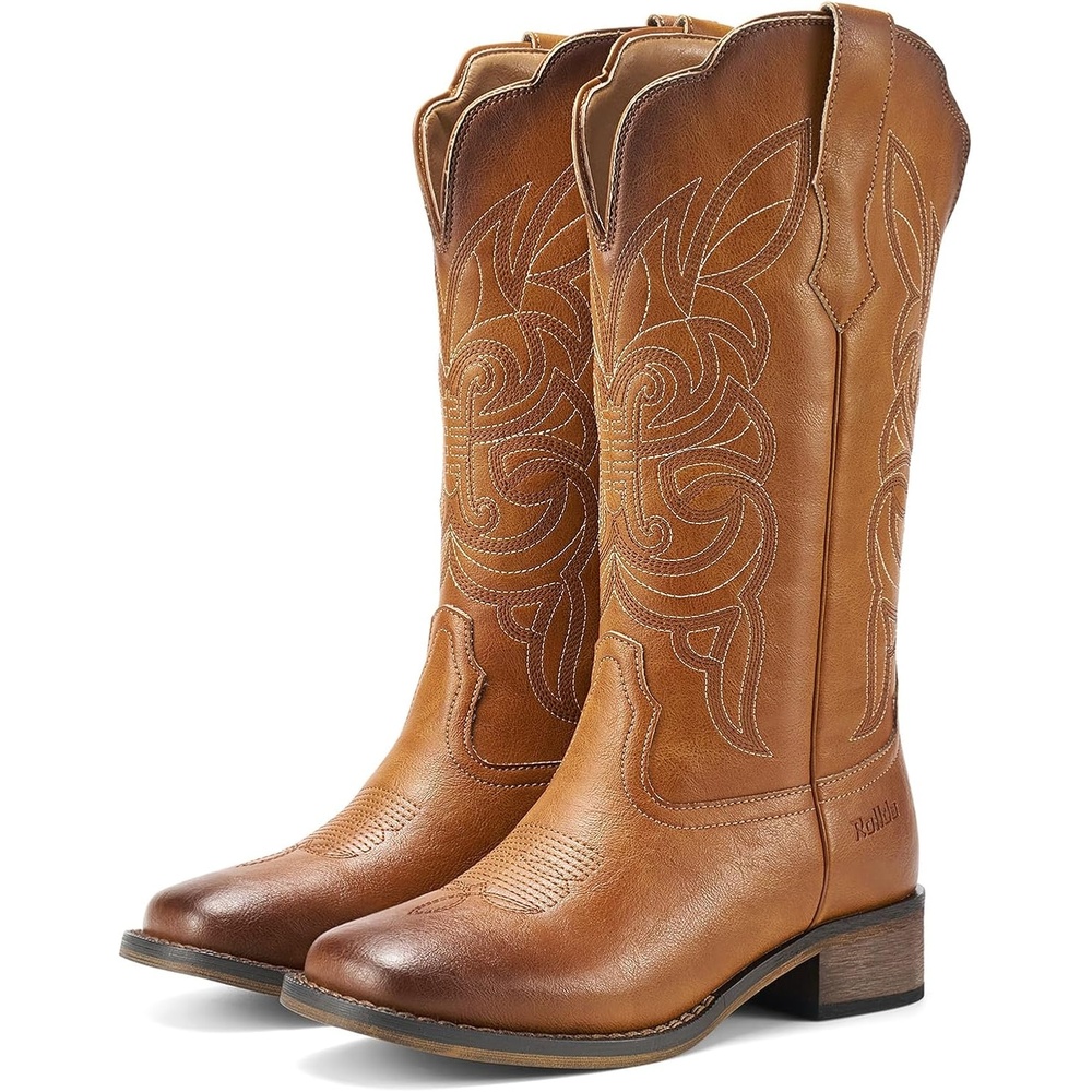 image:imageRollda Cowgirl Boots Cowboy Boots for Women Square Toe Mid Calf Western Boots Ladies Fashion Boots with Chunky HeelBrown