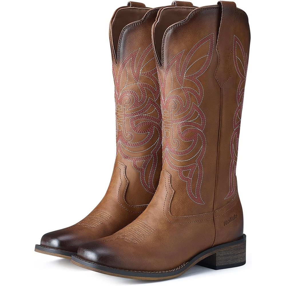 image:imageRollda Cowgirl Boots Cowboy Boots for Women Square Toe Mid Calf Western Boots Ladies Fashion Boots with Chunky HeelDark Brown