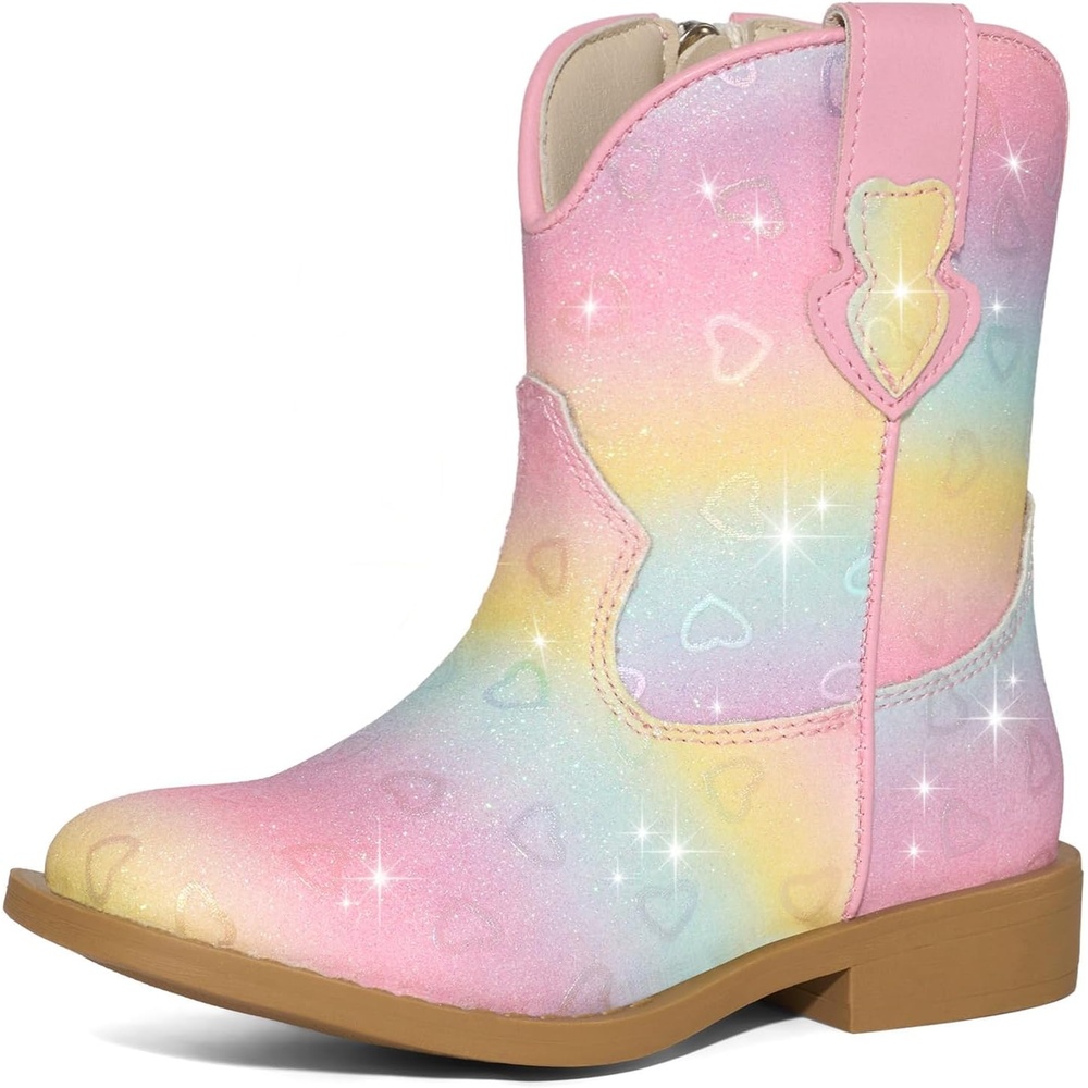 image:imageRollda Girls Cowgirl Boots Glitter Cowboy Boots with Cute Heart Sparkly Sequin Dress Boots for Birthday Party DanceToddlerLittle KidRainbow