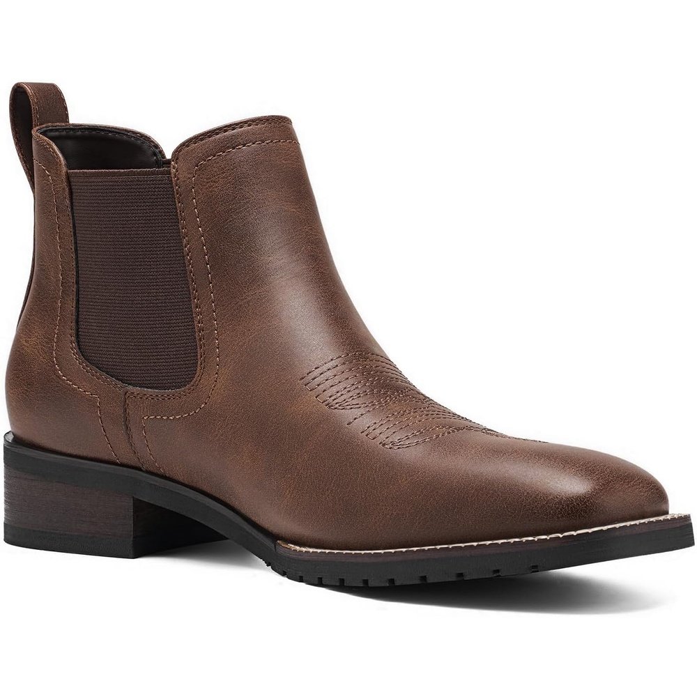 image:imageRollda Mens Chelsea Cowboy Boots Square Toe Elastic Ankle Boots for Dress Casual Short Western Chelsea Booties for MenBrown