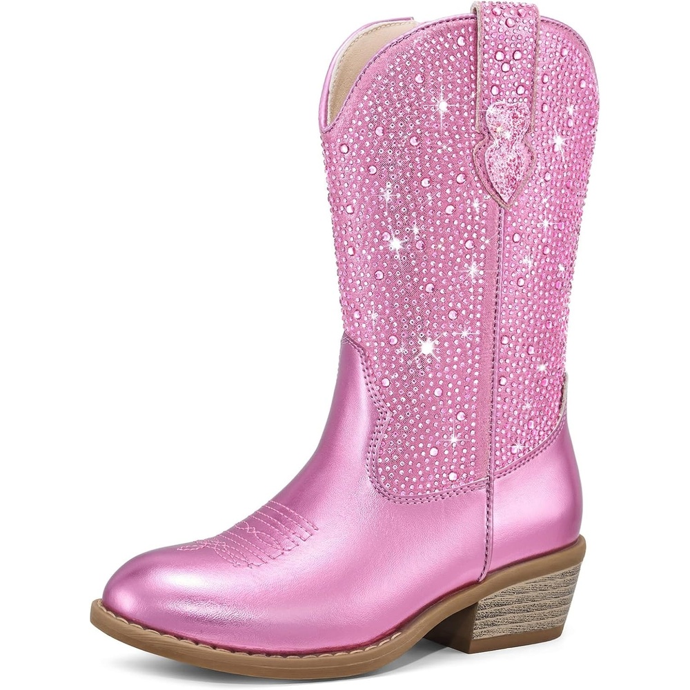 image:imageRollda Rhinestone Girls Cowgirl Boots Sparkly Cowboy Boots for Little Girls Kids Sparkle Western Boots for Toddler with Round Toe Low Heel ZipperPink