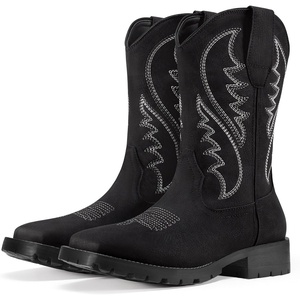 image:imageRollda Cowboy Boots for Men Western Boots Mens Square Toe Chunky Heel MidCalf Boots Classic Embroidered Pull On BootsBlack