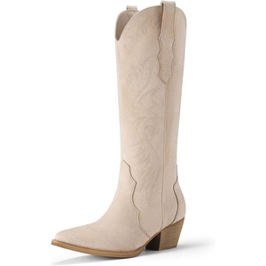 image:imageRollda Cowboy Boots for Women Cowgirl Boots Embroidered KneeHigh Western Boots Pointy Toe with Chunky HeelBeige