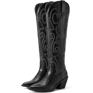 image:imageRollda Cowboy Boots for Women Cowgirl Boots Embroidered KneeHigh Western Boots Pointy Toe with Chunky HeelBlack WZipper
