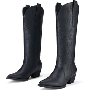 image:imageRollda Cowboy Boots for Women Cowgirl Boots Embroidered KneeHigh Western Boots Pointy Toe with Chunky HeelMatte Black