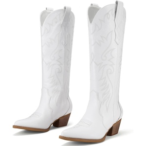 image:imageRollda Cowboy Boots for Women Cowgirl Boots Embroidered KneeHigh Western Boots Pointy Toe with Chunky HeelPure White