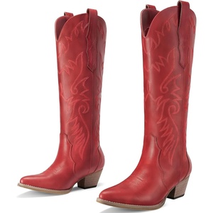 image:imageRollda Cowboy Boots for Women Cowgirl Boots Embroidered KneeHigh Western Boots Pointy Toe with Chunky HeelRed