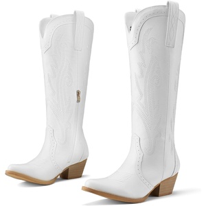 image:imageRollda Cowboy Boots for Women Cowgirl Boots Embroidered KneeHigh Western Boots Pointy Toe with Chunky HeelWhite