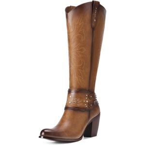 image:imageRollda Cowboy Boots for Women Cowgirl Boots Knee High Ladies Tall Western Boots Rounded Toe Chunky Heel Pull on Zipper for Country Concert Party Women BootsBrown 2
