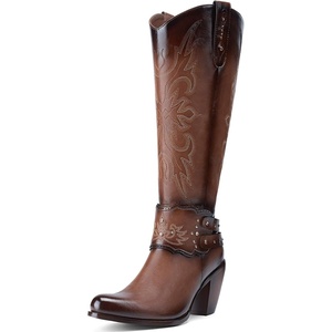 image:imageRollda Cowboy Boots for Women Cowgirl Boots Knee High Ladies Tall Western Boots Rounded Toe Chunky Heel Pull on Zipper for Country Concert Party Women BootsBrown 1