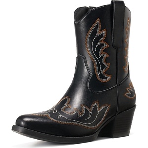 image:imageRollda Cowboy Boots for Women Short Cowgirl Booties with Side Zipper Ladies Ankle Western Boots Retro Vintage Snip Toe Chunky HeelBlack