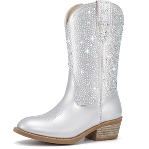 image:imageRollda Rhinestone Girls Cowgirl Boots Sparkly Cowboy Boots for Little Girls Kids Sparkle Western Boots for Toddler with Round Toe Low Heel ZipperSilver