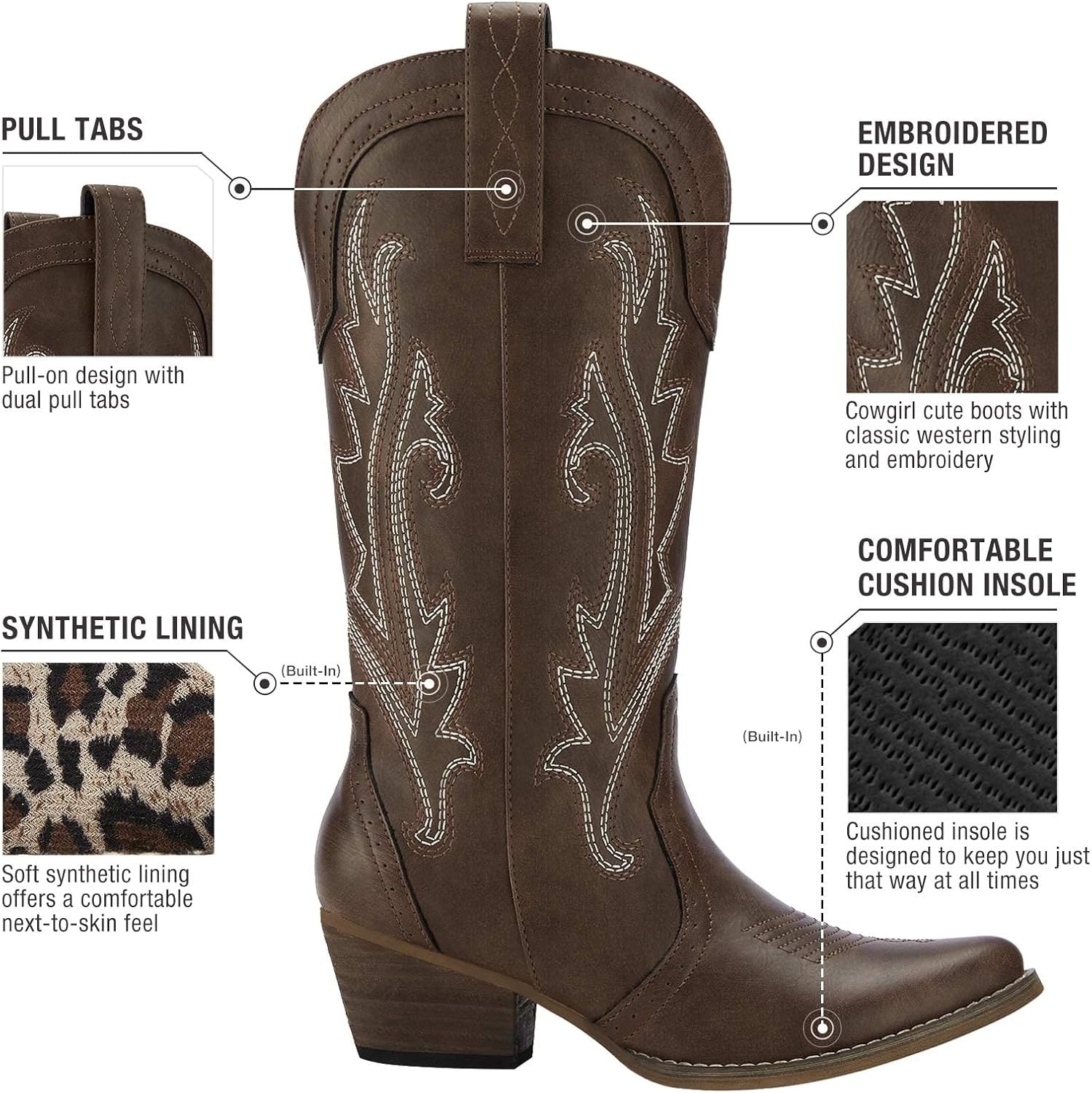 image:imageHISEA Rollda Cowboy Boots for Women Cowgirl Boots Comfortable Western Boots with Pointed Toe Stitched Embroidery for Country Concert Dancing Wedding Traveling Daily OutfitsDark Brown