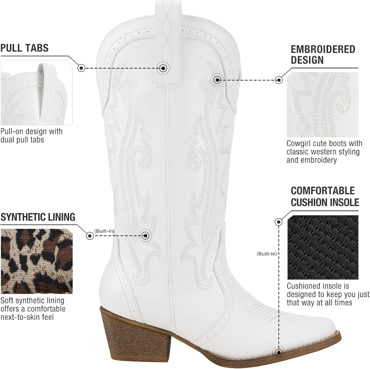image:imageHISEA Rollda Cowboy Boots for Women Cowgirl Boots Comfortable Western Boots with Pointed Toe Stitched Embroidery for Country Concert Dancing Wedding Traveling Daily OutfitsWhite