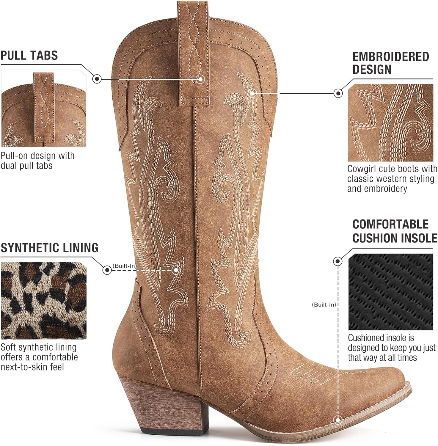 image:imageHISEA Rollda Cowboy Boots for Women Cowgirl Boots Comfortable Western Boots with Pointed Toe Stitched Embroidery for Country Concert Dancing Wedding Traveling Daily OutfitsBrown 1
