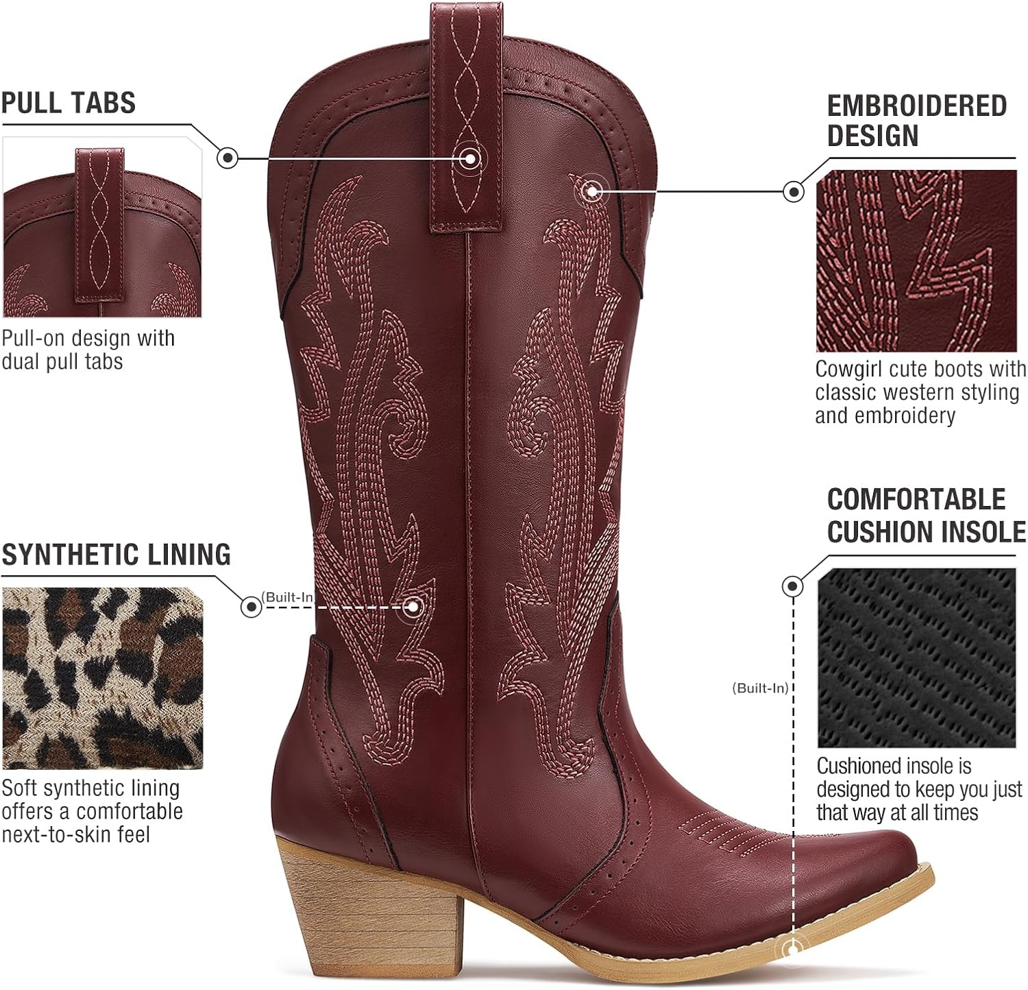image:imageHISEA Rollda Cowboy Boots for Women Cowgirl Boots Comfortable Western Boots with Pointed Toe Stitched Embroidery for Country Concert Dancing Wedding Traveling Daily OutfitsRed