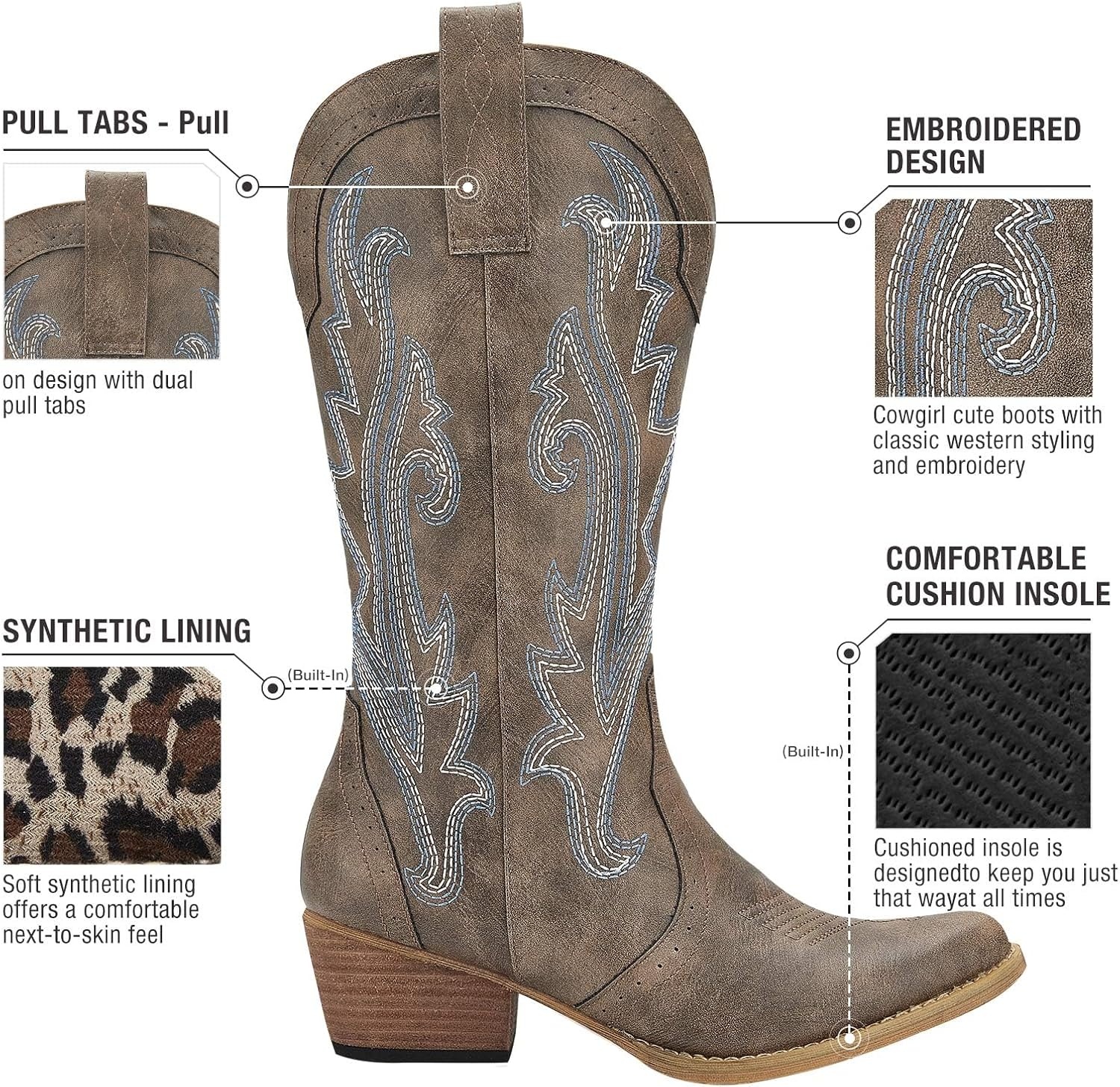 image:imageHISEA Rollda Cowboy Boots for Women Cowgirl Boots Comfortable Western Boots with Pointed Toe Stitched Embroidery for Country Concert Dancing Wedding Traveling Daily OutfitsBrown