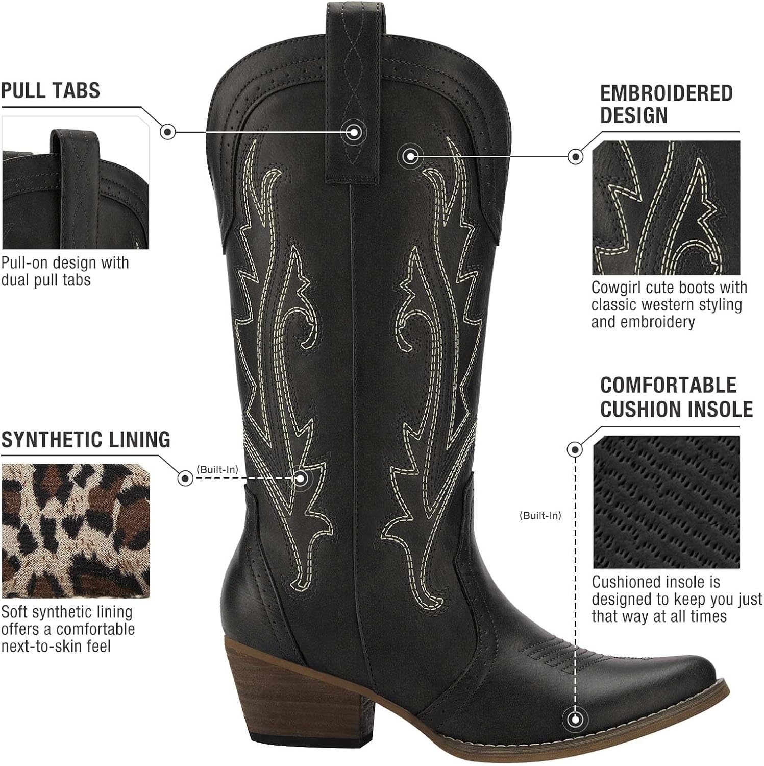 image:imageHISEA Rollda Cowboy Boots for Women Cowgirl Boots Comfortable Western Boots with Pointed Toe Stitched Embroidery for Country Concert Dancing Wedding Traveling Daily OutfitsBlack