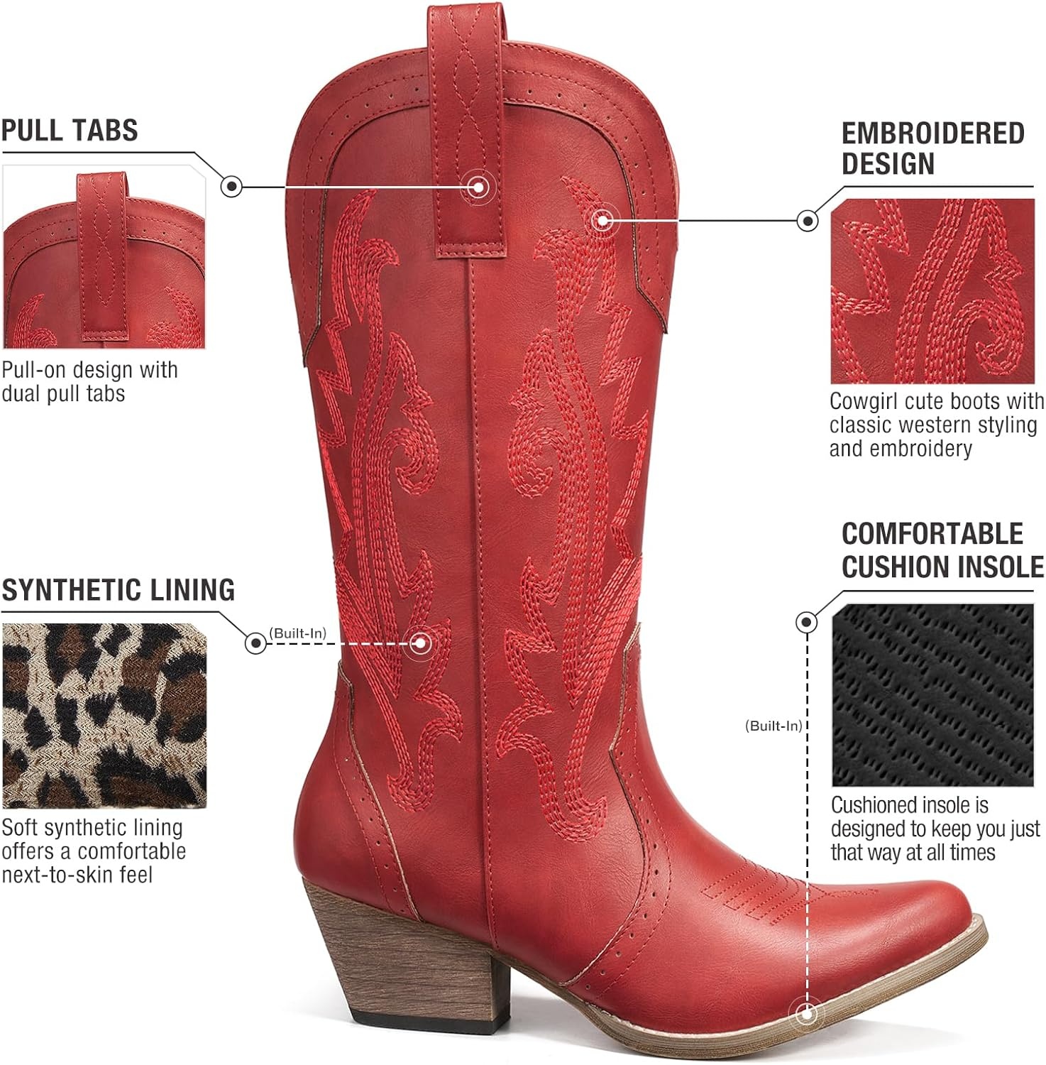 image:imageHISEA Rollda Cowboy Boots for Women Cowgirl Boots Comfortable Western Boots with Pointed Toe Stitched Embroidery for Country Concert Dancing Wedding Traveling Daily OutfitsTango Red