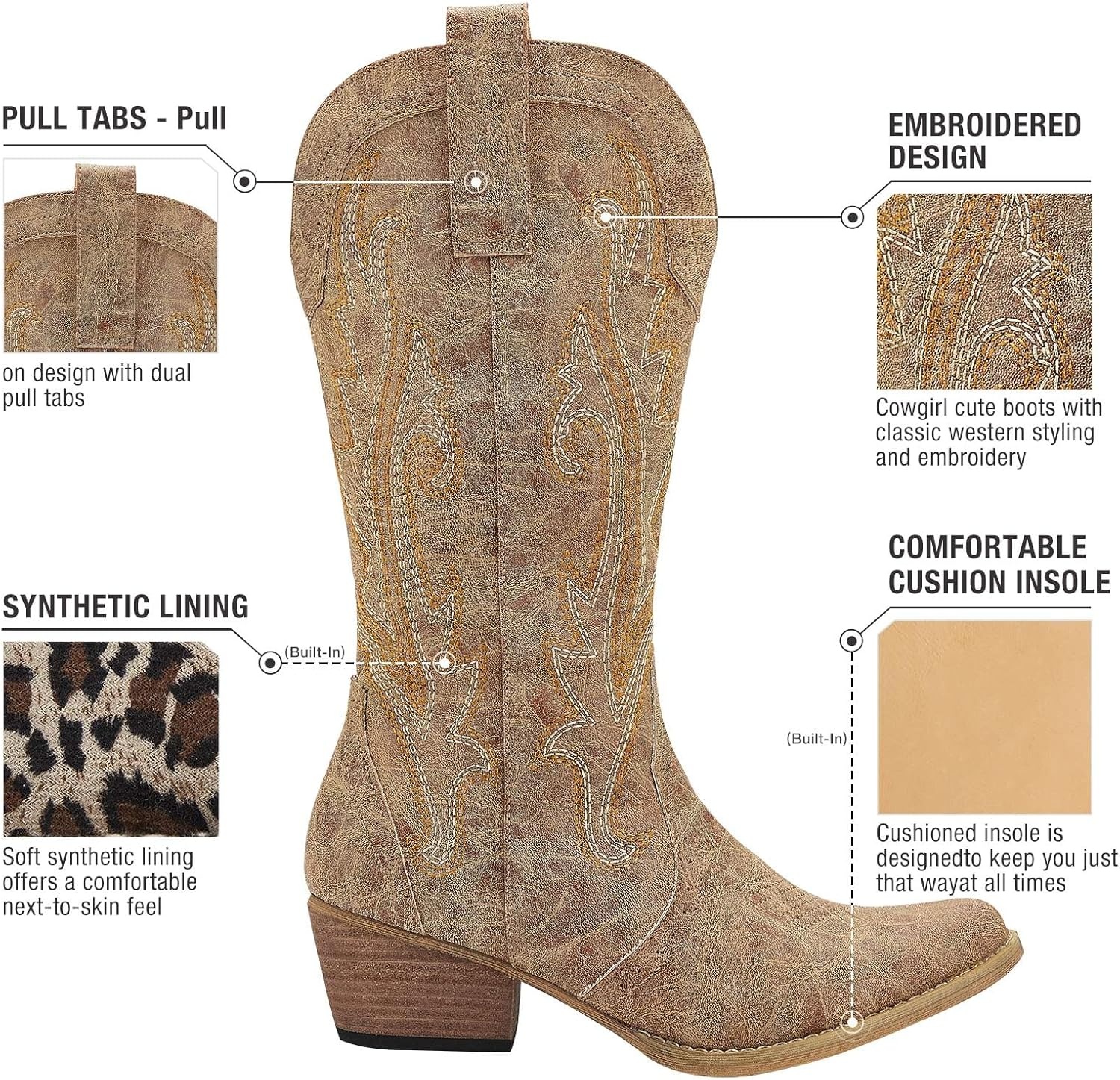 image:imageHISEA Rollda Cowboy Boots for Women Cowgirl Boots Comfortable Western Boots with Pointed Toe Stitched Embroidery for Country Concert Dancing Wedding Traveling Daily OutfitsTan