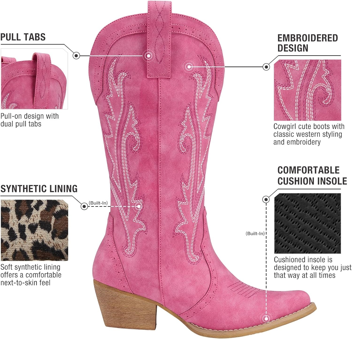 image:imageHISEA Rollda Cowboy Boots for Women Cowgirl Boots Comfortable Western Boots with Pointed Toe Stitched Embroidery for Country Concert Dancing Wedding Traveling Daily OutfitsPink