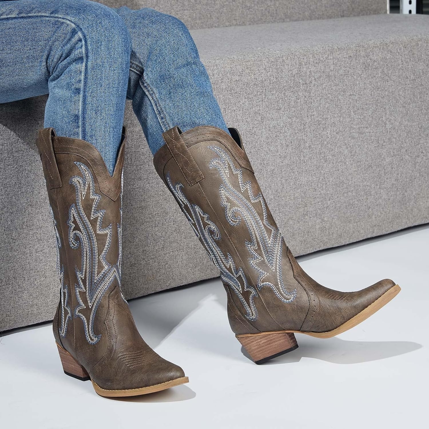 image:imageHISEA Rollda Cowboy Boots for Women Cowgirl Boots Comfortable Western Boots with Pointed Toe Stitched Embroidery for Country Concert Dancing Wedding Traveling Daily OutfitsBrown