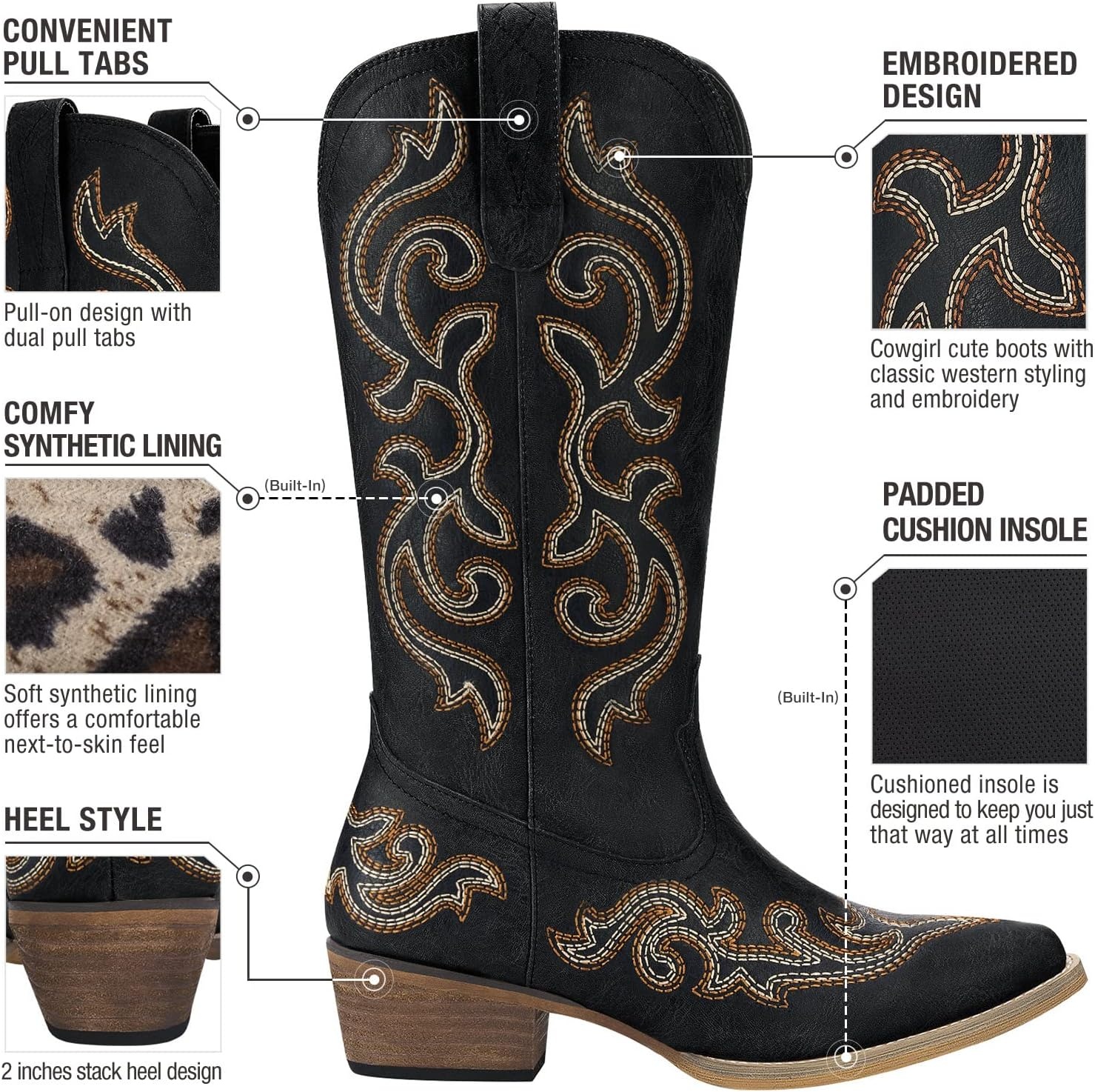 image:imageHISEA Rollda Cowboy Boots for Women Western Cowgirl Boots with Chunky Heel Ladies Snip Toe MidCalf BootsBlack