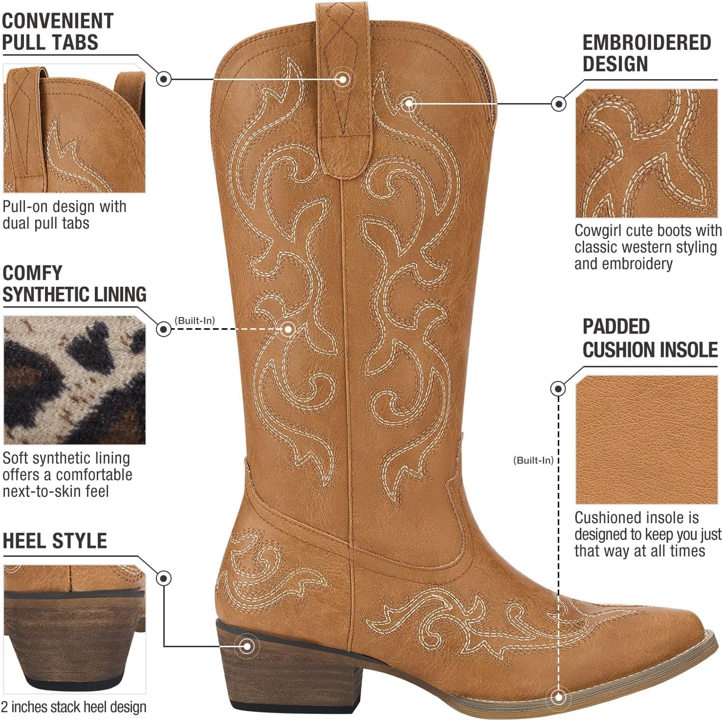 image:imageHISEA Rollda Cowboy Boots for Women Western Cowgirl Boots with Chunky Heel Ladies Snip Toe MidCalf BootsBrown