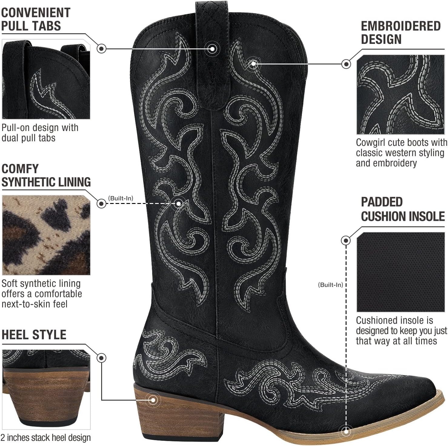 image:imageHISEA Rollda Cowboy Boots for Women Western Cowgirl Boots with Chunky Heel Ladies Snip Toe MidCalf BootsMetal Black