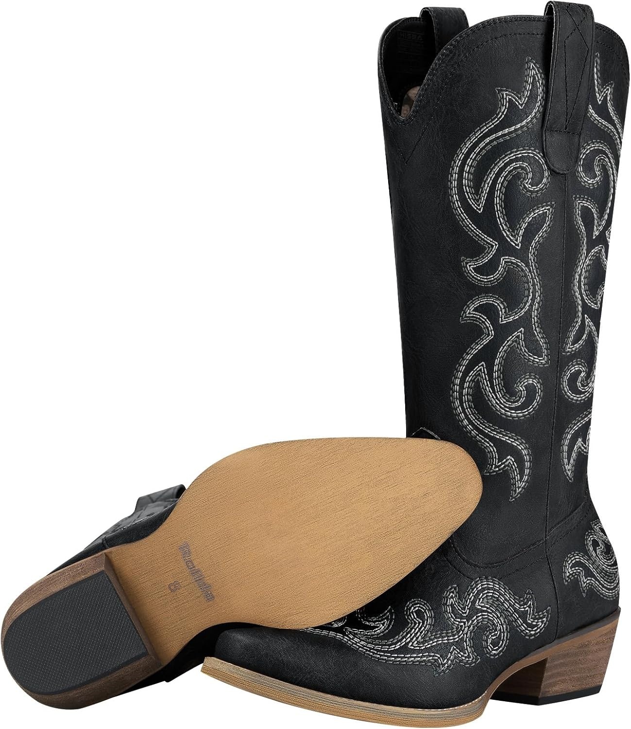 image:imageHISEA Rollda Cowboy Boots for Women Western Cowgirl Boots with Chunky Heel Ladies Snip Toe MidCalf BootsMetal Black