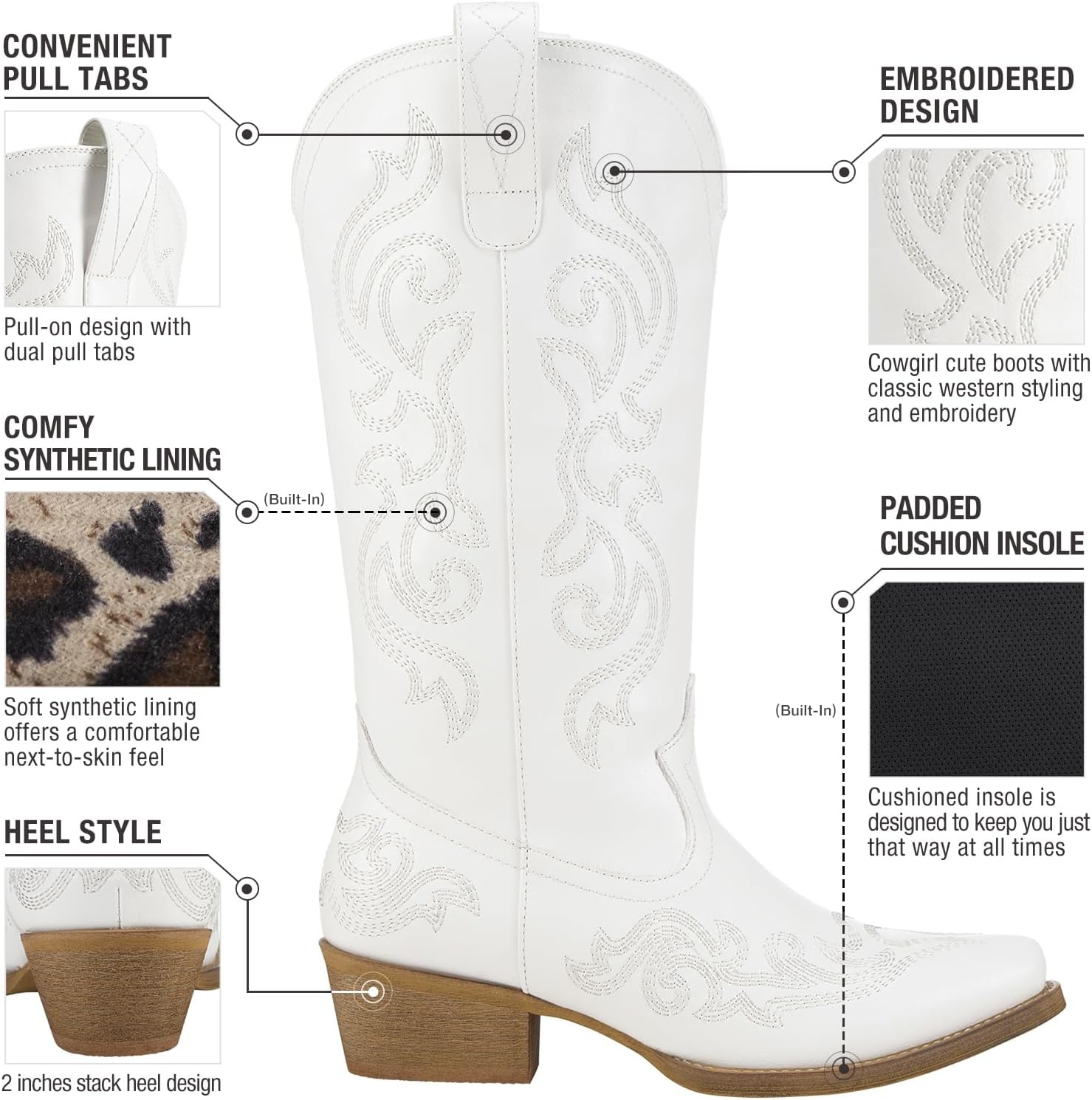image:imageHISEA Rollda Cowboy Boots for Women Western Cowgirl Boots with Chunky Heel Ladies Snip Toe MidCalf BootsWhite