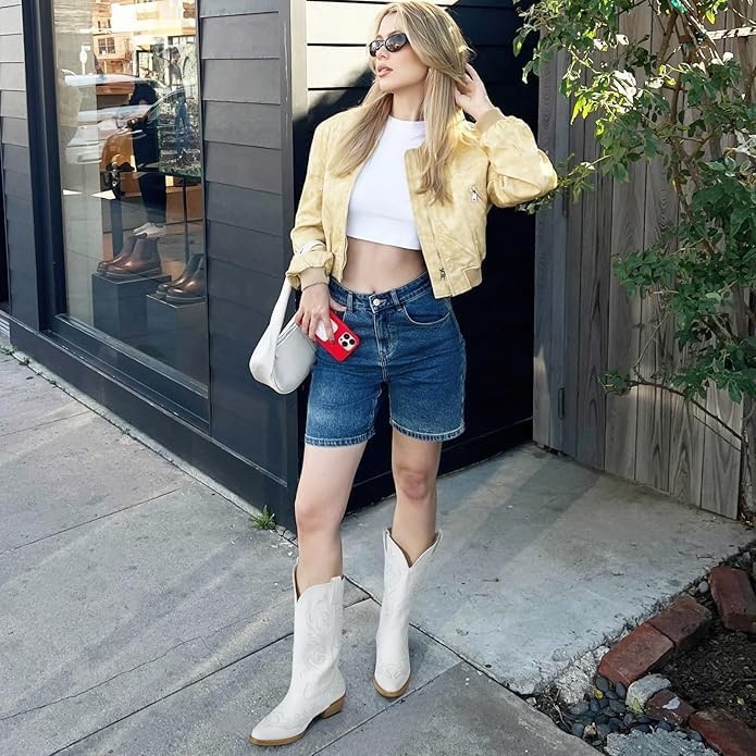 image:imageHISEA Rollda Cowboy Boots for Women Western Cowgirl Boots with Chunky Heel Ladies Snip Toe MidCalf BootsWhite