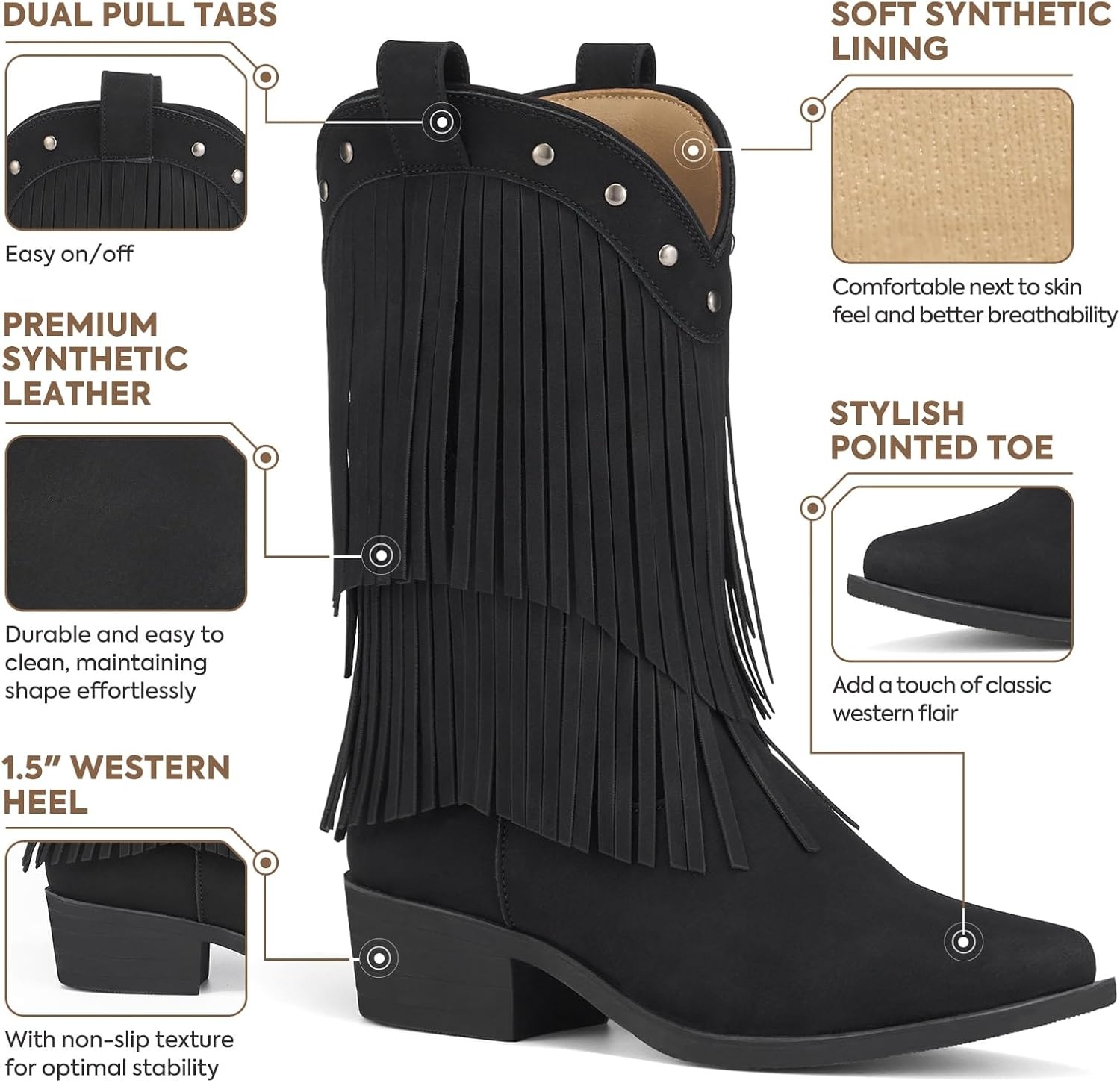 image:imageRollda Girls Cowboy Boots with Tassel Fringe Cowgirl Boots Snip Toe TPR Outsole Kids Western Boots Stylish amp Comfortable for AllSeasons ToddlerLittle KidBig KidBlack