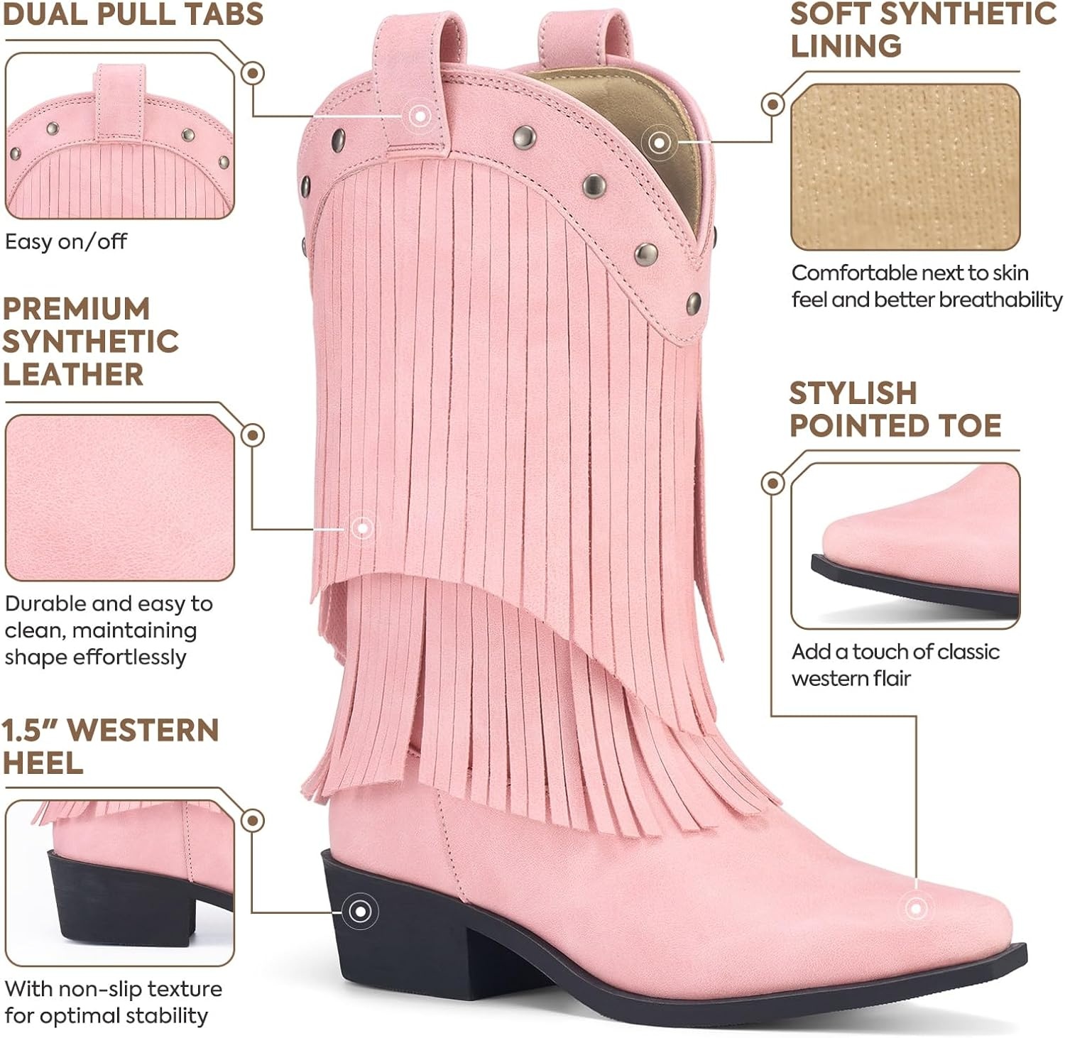 image:imageRollda Girls Cowboy Boots with Tassel Fringe Cowgirl Boots Snip Toe TPR Outsole Kids Western Boots Stylish amp Comfortable for AllSeasons ToddlerLittle KidBig KidPink
