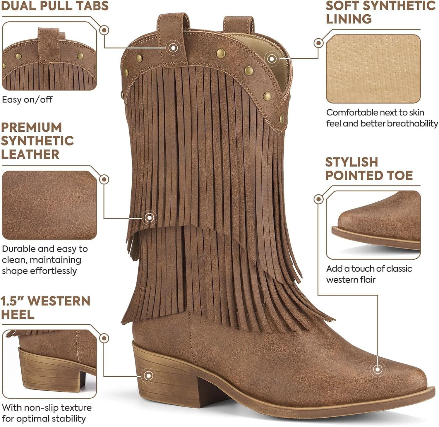 image:imageRollda Girls Cowboy Boots with Tassel Fringe Cowgirl Boots Snip Toe TPR Outsole Kids Western Boots Stylish amp Comfortable for AllSeasons ToddlerLittle KidBig KidBrown