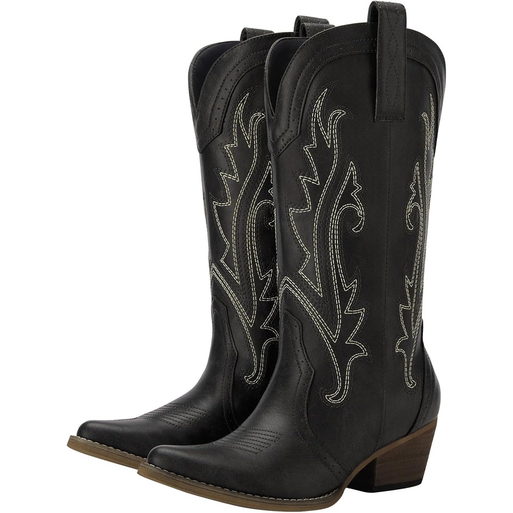 image:imageHISEA Rollda Cowboy Boots for Women Cowgirl Boots Comfortable Western Boots with Pointed Toe Stitched Embroidery for Country Concert Dancing Wedding Traveling Daily OutfitsBlack