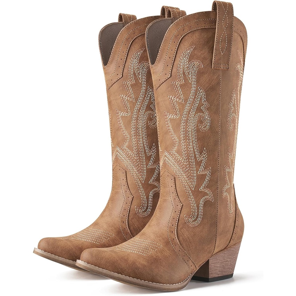 image:imageHISEA Rollda Cowboy Boots for Women Cowgirl Boots Comfortable Western Boots with Pointed Toe Stitched Embroidery for Country Concert Dancing Wedding Traveling Daily OutfitsBrown 1